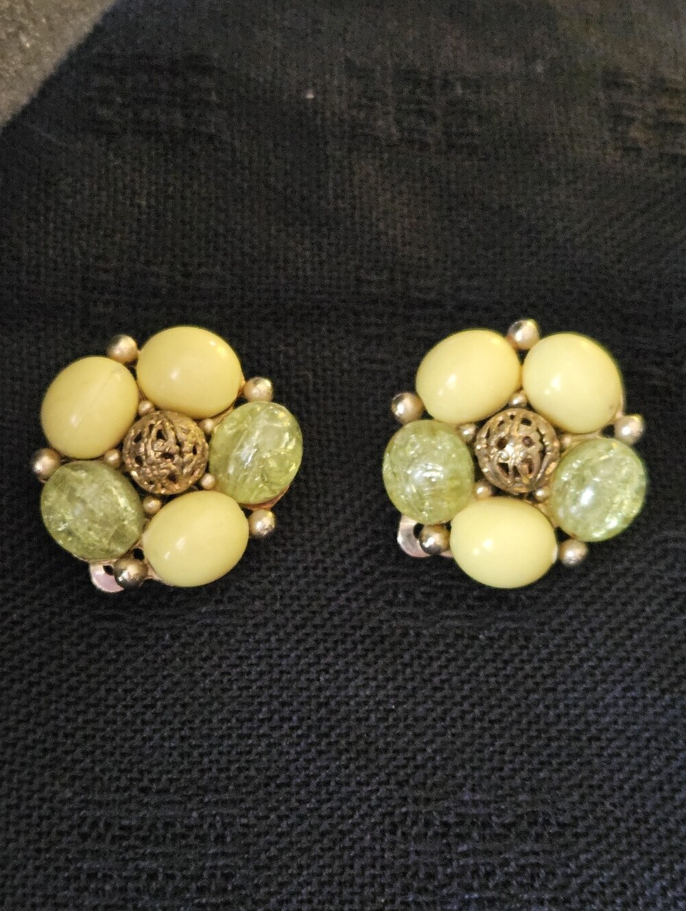 Vintage Yellow, Gold and Light Green Beaded Floral Clip-On Earrings.
